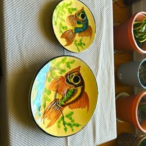 Rare Vintage hand painted pottery fish plates.
